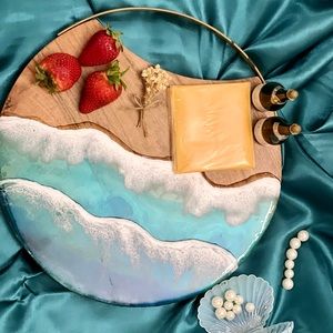 Round Acacia,Charcuterie Board,Beach ResinCheese Board,EpoxyServingTraywithmetal